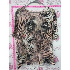 Shirt rhinestone Women’s Printed Short Sleeve Top in Beige and Black